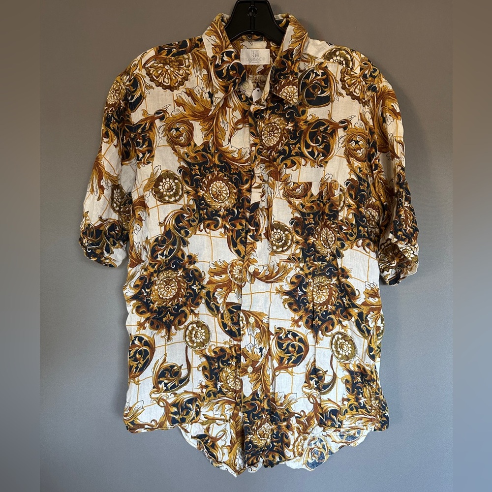 Men’s Italian Vintage Gold and Navy Button-Up Linen Shirt